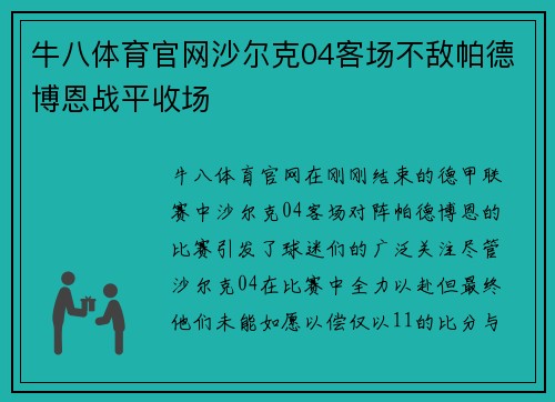 牛八体育官网沙尔克04客场不敌帕德博恩战平收场