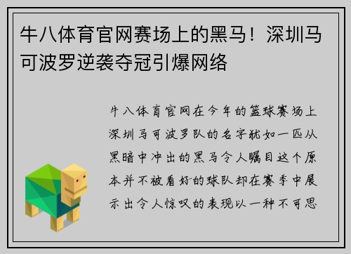 牛八体育官网赛场上的黑马！深圳马可波罗逆袭夺冠引爆网络